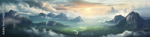 the mountains are set on an ancient landscape with clouds romantic landscapes waterways concept art chinapunk