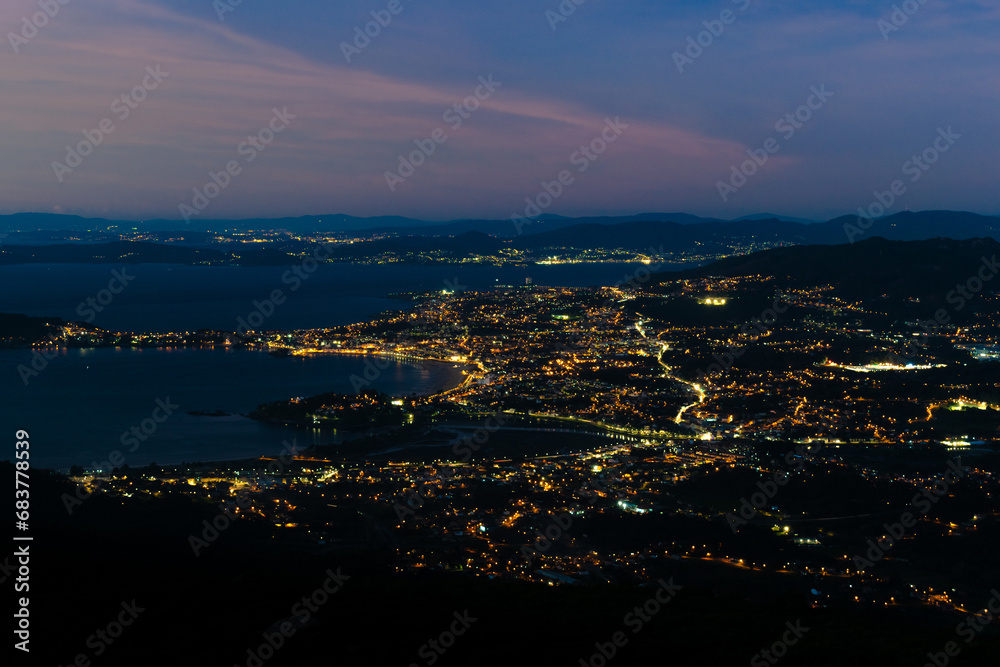 Panoramic view of Nigran at night. Galicia - Spain
