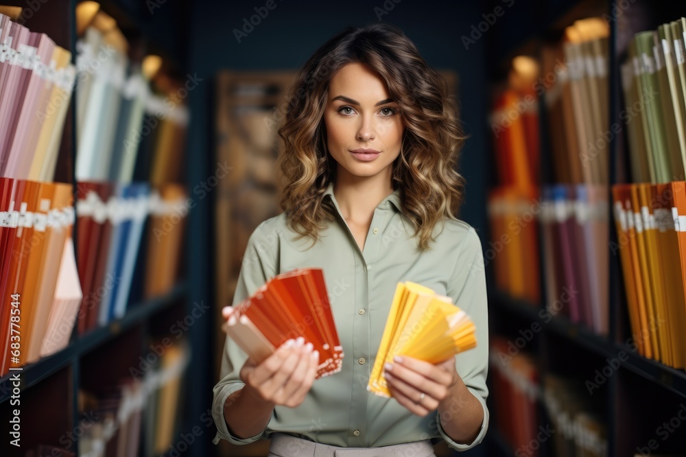 Woman is holding out colorful paint samples in the style of album, Folio and fan formats. - obrazy, fototapety, plakaty 