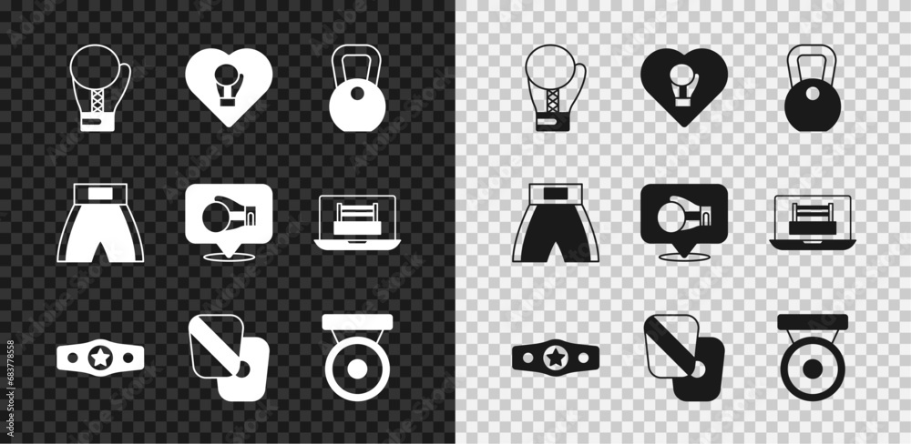 Set Boxing glove, Weight, belt, training paws, gong, short and icon. Vector Set Boxing glove, Weight, belt, training paws, gong, short and icon. Vector