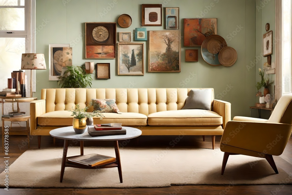 Fototapeta premium Recreate the allure of a retro sofa in a vintage-inspired setting with a touch of nostalgia. 