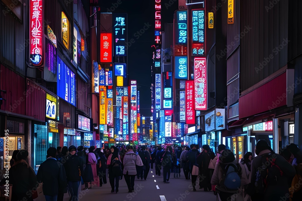 東京のネオンが煌めく夜の街角で、色とりどりの看板と歩行者が溢れる情景