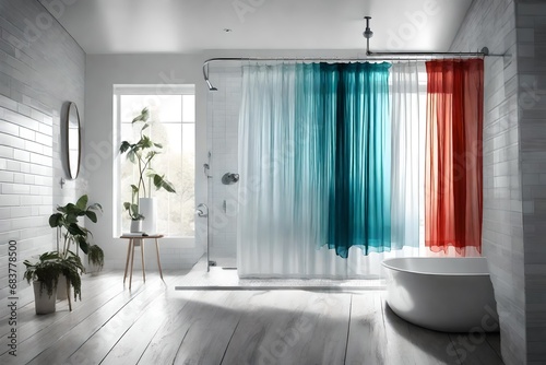 A shower curtain in motion, adding a splash of color and privacy.  photo