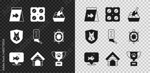 Set Food for fish, Dog pill, Cat litter tray with shovel, Fish, house, Pet award symbol, Animal health insurance and Drinker small pets icon. Vector