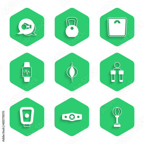Set Punching bag, Boxing belt, Jump rope, training paws, Smart watch with heart, Bathroom scales and glove icon. Vector
