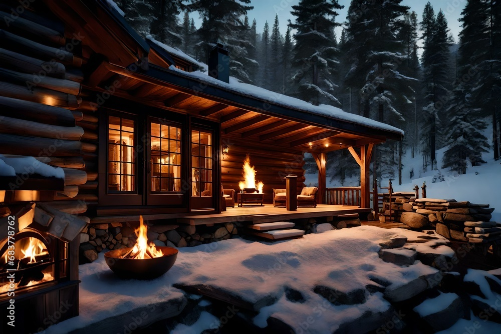 A mountain cabin back door with access to a cozy outdoor fireplace. 