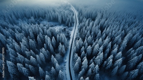 Route sinueuse vu par un drone aérienne dans la forêt canadienne en hiver photo