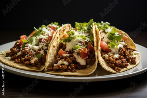 mexican tacos on a wooden plate on a black background, national Mexican food