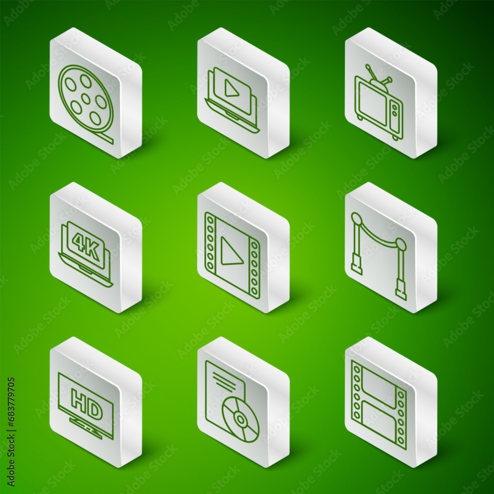 Set line Play Video, CD or DVD disk, Film reel, Laptop with 4k video, Online play, Smart display HD and Carpet barriers icon. Vector Set line Play Video, CD or DVD disk, Film reel, Laptop with 4k video, Online play, Smart display HD and Carpet barriers icon. Vector