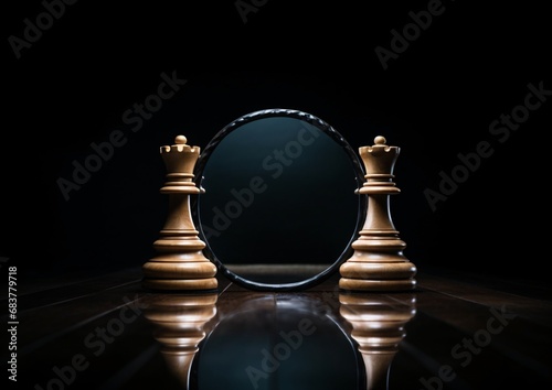 two chess pieces shown in circular mirror, black background, object portraiture specialist, kinetic artistry photo