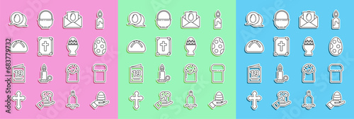 Set line Human hand and easter egg, Easter cake, Greeting card with Happy, Holy bible book, Speech bubble and on stand icon. Vector