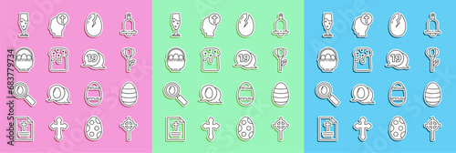 Set line Christian cross, Easter egg, Flower tulip, Broken, cake, Basket with easter eggs, Wine glass and Speech bubble happy icon. Vector