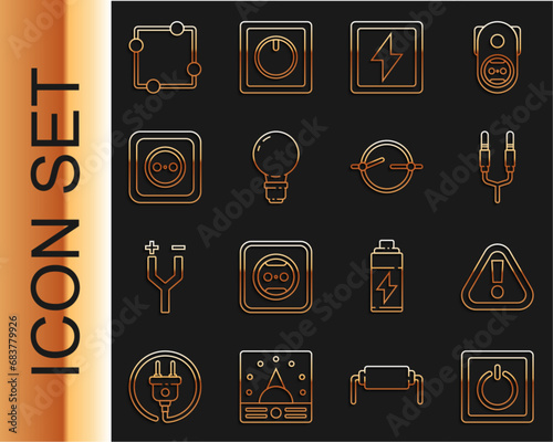 Set line Electric light switch, Exclamation mark in triangle, Audio jack, Lightning bolt, bulb with concept of idea, Electrical outlet, circuit scheme and icon. Vector