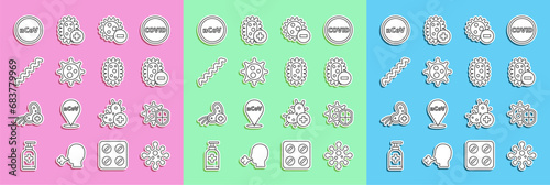 Set line Virus, Shield protecting from virus, Negative, Corona 2019-nCoV and icon. Vector