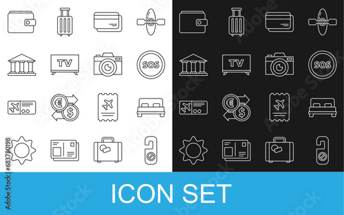 Set line Please do not disturb, Big bed, Location with SOS, Credit card, Smart Tv, Museum building, Wallet and Photo camera icon. Vector