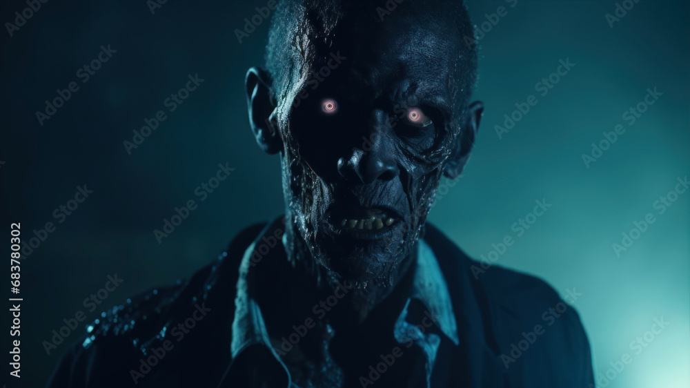 Zombie man in black suit on dark background. Halloween concept. Zombie man in black suit on dark background. Halloween concept.