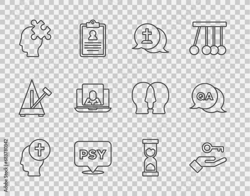 Set line Man graves funeral sorrow, Solution to the problem, Graves, Psychology, Psi, Psychologist online, Old hourglass and Question and Answer icon. Vector