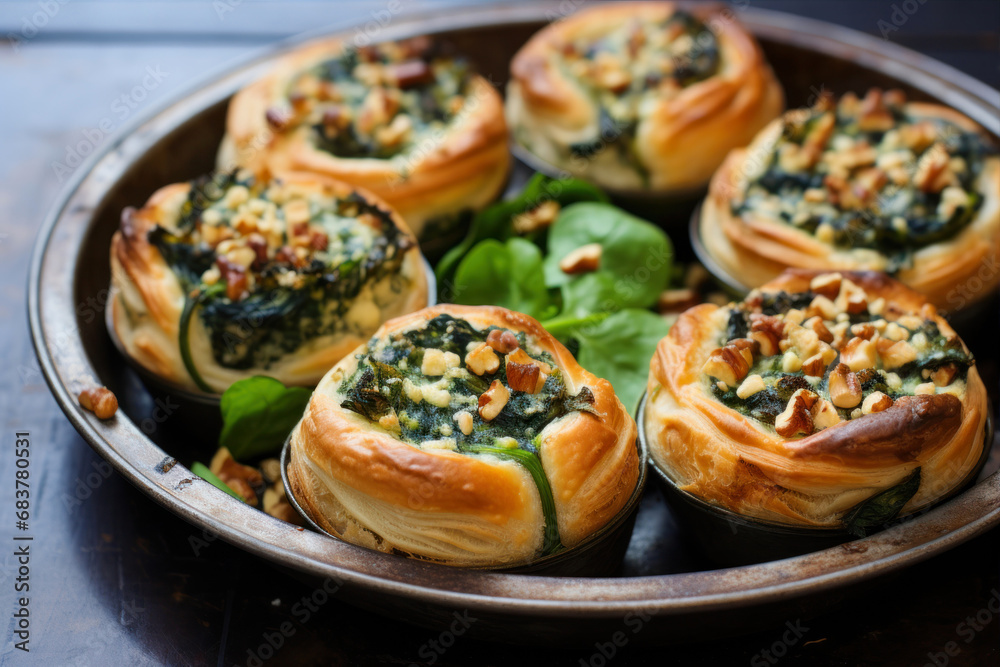 Baked spinach rolls with ricotta cheese and walnuts, selective focus