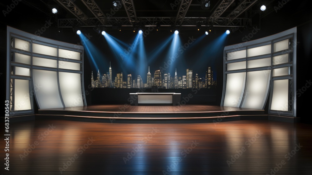 Television studio stage with a big long solid backdrop behind the stage. - obrazy, fototapety, plakaty 