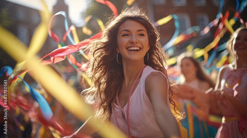 a woman smiling with a crowd of people behind her a woman smiling with a crowd of people behind her