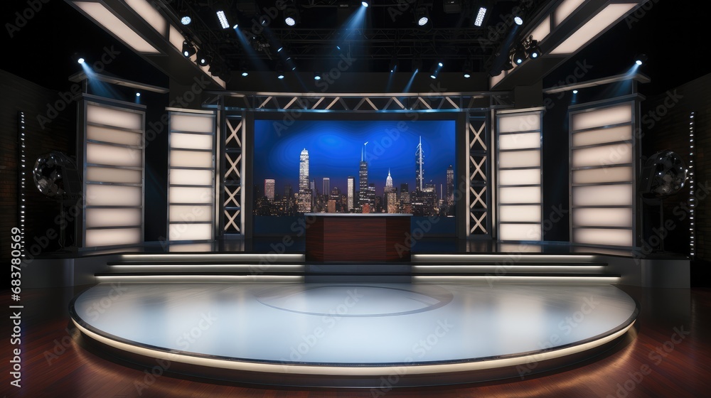 Television studio stage with a big long solid backdrop behind the stage.