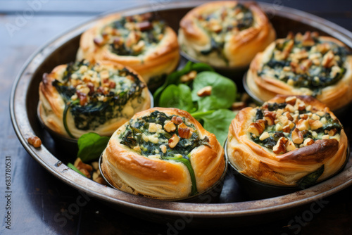 Baked spinach rolls with ricotta cheese and walnuts, selective focus