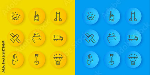 Set line Cocktail molotov, Satellite, Swiss army knife, Box flying on parachute, Military truck, Bomb explosion, Rocket and Walkie talkie icon. Vector