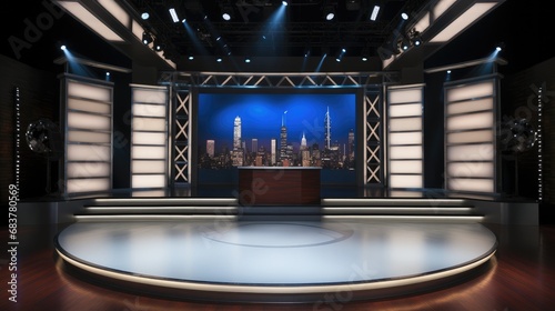 Television studio stage with a big long solid backdrop behind the stage. photo