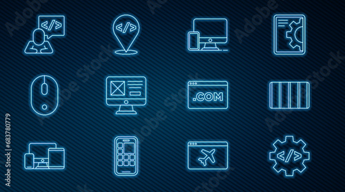 Set line Front end development, Color palette guide, Monitor and mobile, UI UX design, Computer mouse, and icon. Vector