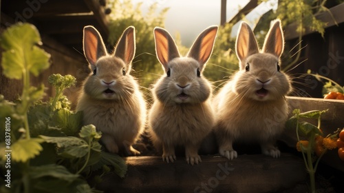 Three different rabbits with different emotions in a vegetable garden surrounded by vegetables.