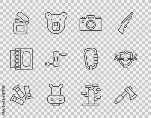 Set line Cartridges, Wooden axe, Photo camera, Hippo or Hippopotamus, Lighter, Swiss army knife, African tree and Deer antlers on shield icon. Vector