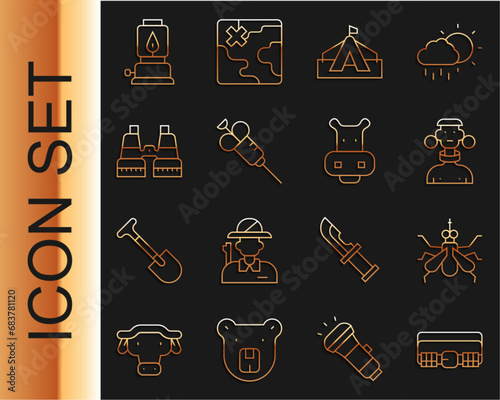Set line Hunting cartridge belt, Mosquito, African tribe male, Tourist tent, Syringe, Binoculars, Camping lantern and Hippo or Hippopotamus icon. Vector