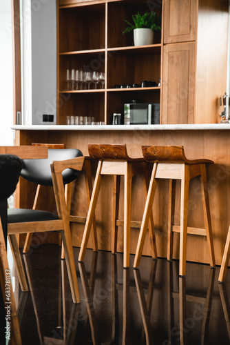 table and chairs on the barchair brown chairs bar chairs living room restaurant cafe bar counter kitchen luxury interrior black flour table wooden chairs, wooden chair wooden table   photo