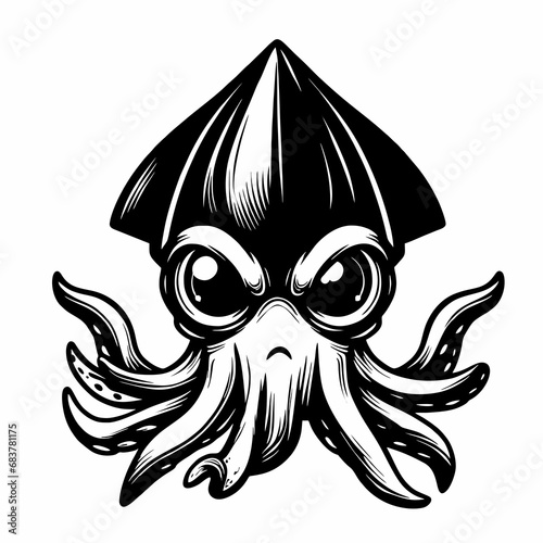 angry squid black and white vector illustration