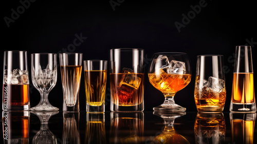 Glasses of whiskey with ice cubes on a black background with reflection