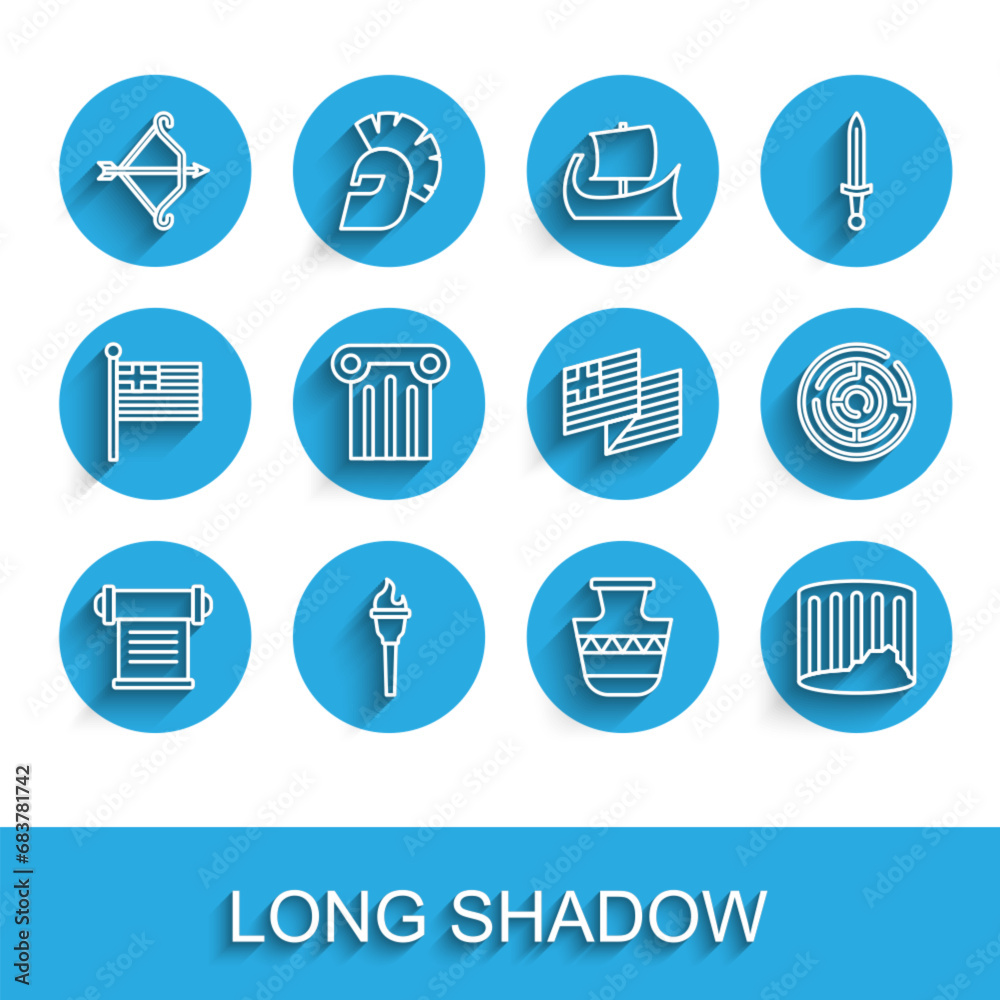 Set line Decree, parchment, scroll, Torch flame, Medieval bow with arrow, Ancient amphorae, column, Minotaur labyrinth and Greece national flag icon. Vector