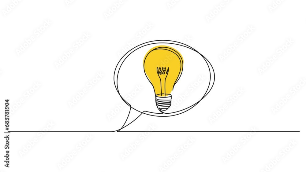animated continuous single line drawing of speech bubble with lightbulb, idea and inspiration line art animation