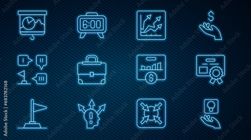 Set line Light bulb, Certificate template, Financial growth increase, Briefcase, Planning strategy, Chalkboard with chart, Key performance indicator and Digital alarm clock icon. Vector Set line Light bulb, Certificate template, Financial growth increase, Briefcase, Planning strategy, Chalkboard with chart, Key performance indicator and Digital alarm clock icon. Vector