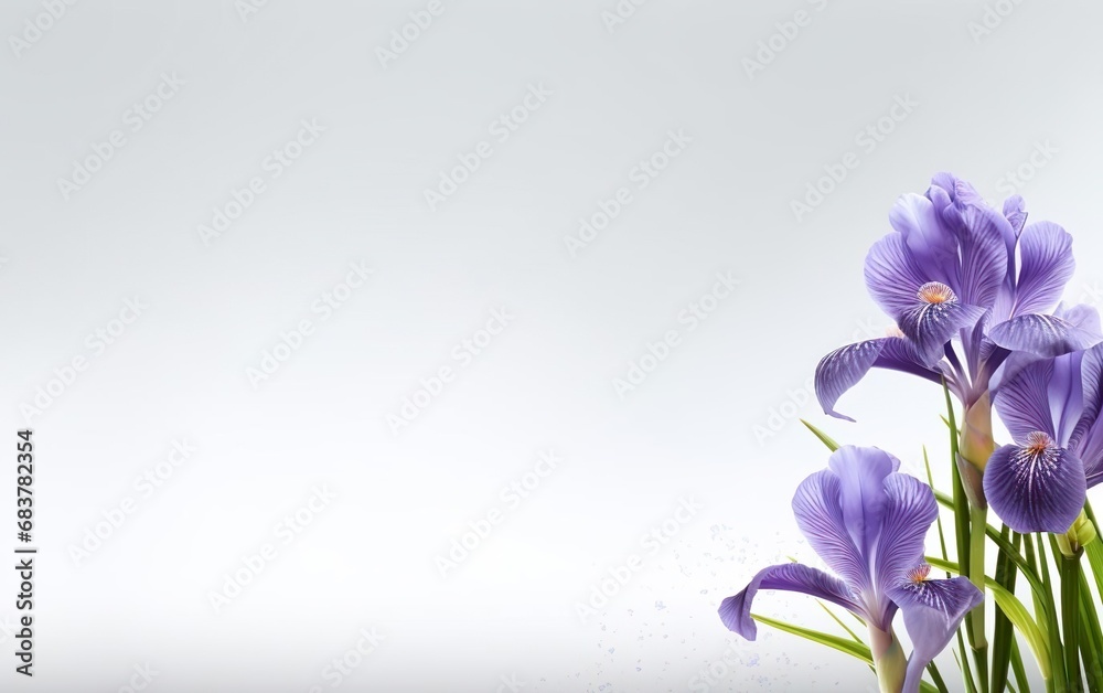 Happy start of spring poster. Beautiful purple iris bouquet isolated on white background. Garden flowers frame. Copy space. Pastel violet, lilac colors. Fresh sale banner design. AI Generative. Happy start of spring poster. Beautiful purple iris bouquet isolated on white background. Garden flowers frame. Copy space. Pastel violet, lilac colors. Fresh sale banner design. AI Generative.