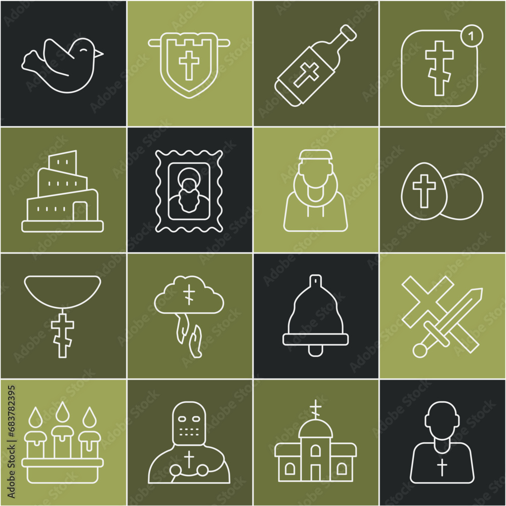 Set line Priest, Crusade, Easter egg, Holy water bottle, Christian icon, Babel tower bible story, Dove and Monk icon. Vector Set line Priest, Crusade, Easter egg, Holy water bottle, Christian icon, Babel tower bible story, Dove and Monk icon. Vector