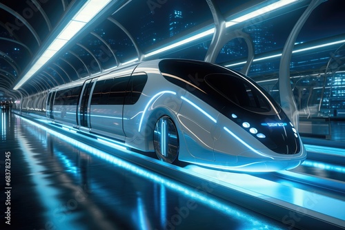 The futuristic train is slowly pulling out of an ultra-modern station, Glowing radioactivity. © visoot