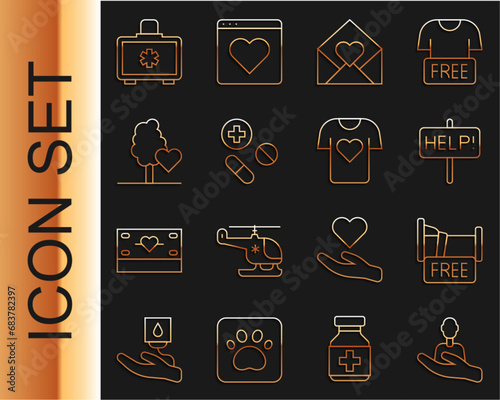 Set line Caring for people, Free overnight stay house, Help sign, Envelope with Valentine heart, Medicine pill tablet, Volunteer team planting trees, First aid kit and Clothes donation icon. Vector