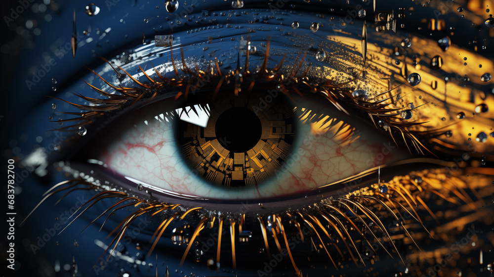 Close-up of an eye in blue-yellow light. The pupil looks like electronic circuits