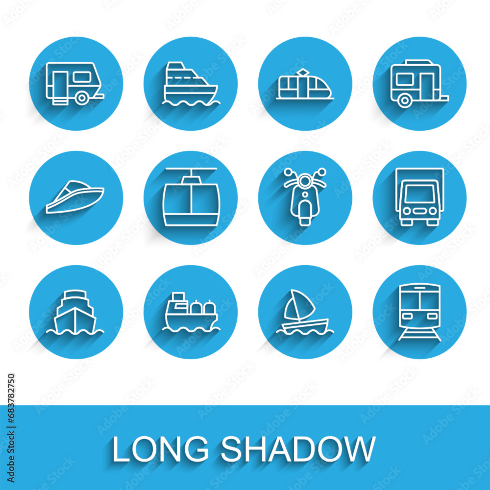 Set line Cruise ship, Oil tanker, Rv Camping trailer, Yacht sailboat, Train and railway, Cable car, Delivery cargo truck and Scooter icon. Vector