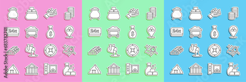 Set line Bag of gold bars, Gold, mine, Mine cart with, 24k, Molten being poured and Old money bag icon. Vector