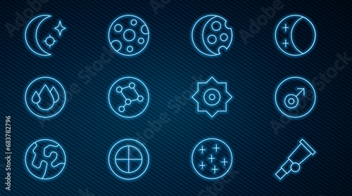 Set line Telescope, Mars symbol, Eclipse of the sun, Great Bear constellation, Water drop, Moon and stars, Falling and Full moon icon. Vector
