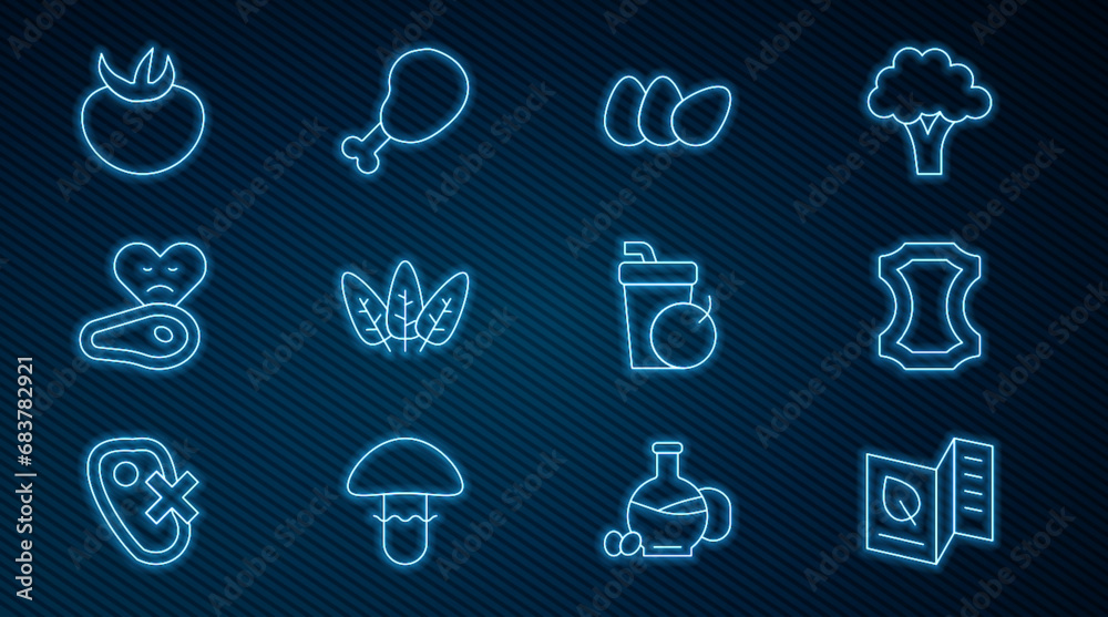 Set line Vegetarian food menu, Leather, Chicken egg, Leaf, Steak meat, Tomato, Fresh smoothie and leg icon. Vector Set line Vegetarian food menu, Leather, Chicken egg, Leaf, Steak meat, Tomato, Fresh smoothie and leg icon. Vector