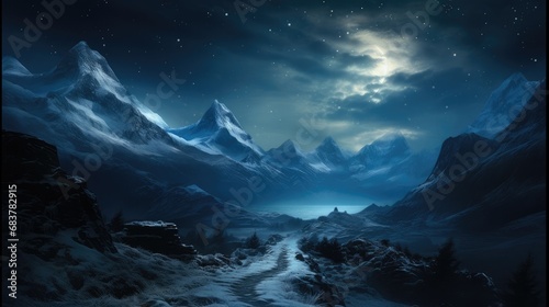 Snowy mountains at night.