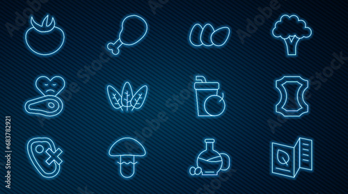 Set line Vegetarian food menu, Leather, Chicken egg, Leaf, Steak meat, Tomato, Fresh smoothie and leg icon. Vector