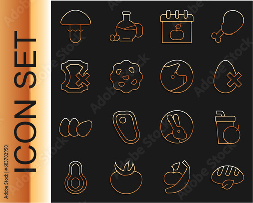Set line Vegan bread loaf, Fresh smoothie, No egg, World Vegetarian day, Cookie biscuit, leather, Mushroom and Pig icon. Vector